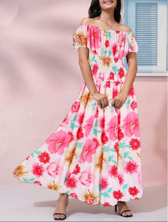 Off-The-Shoulder Floral Print Midi Dress
